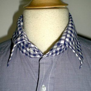 TIMOTHY EVEREST LONDON shirt blue cotton gingham check plaid contrast cuff L 16